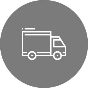 Truck icon on gray circular background.