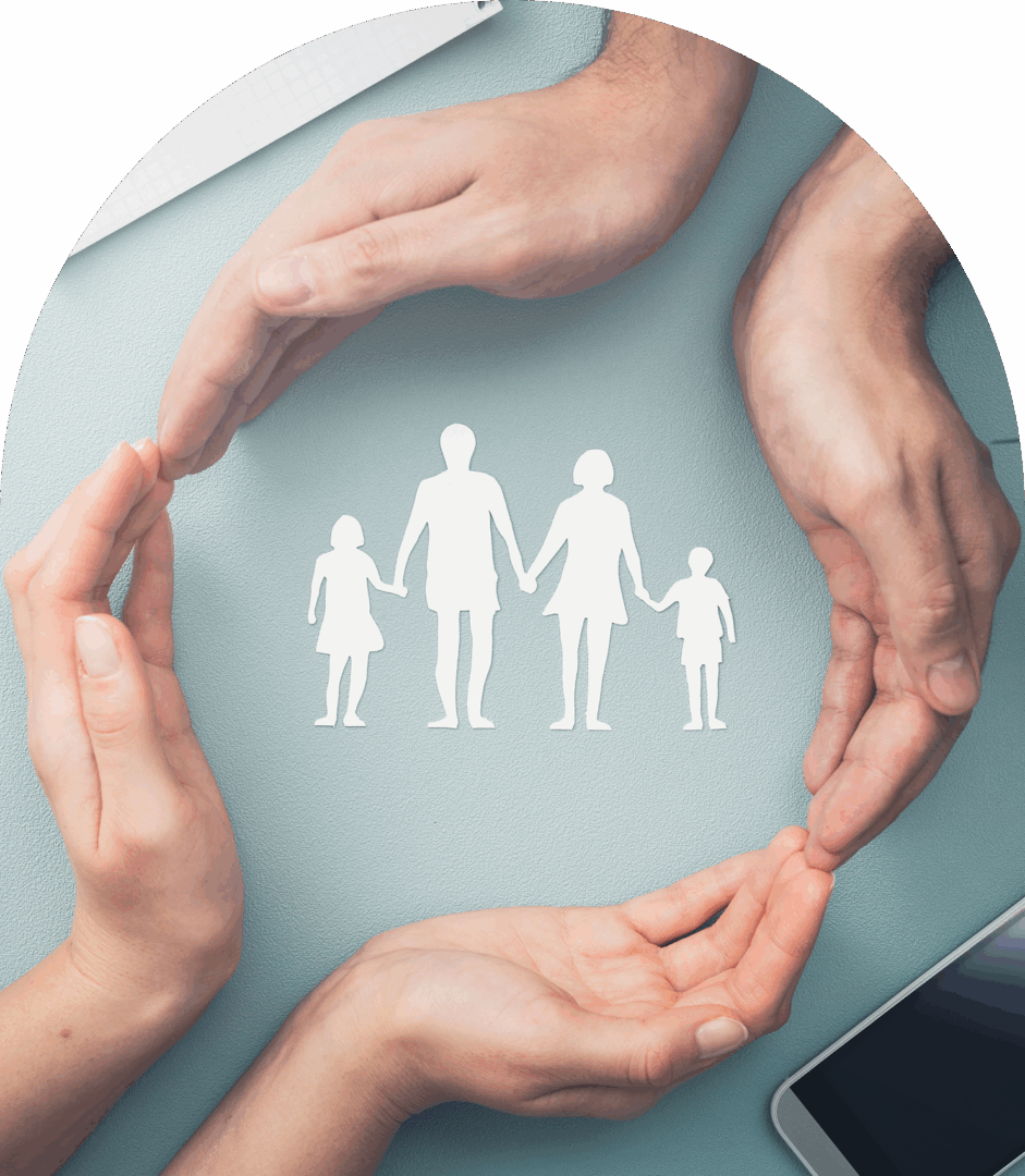 Hands forming circle around family silhouette.